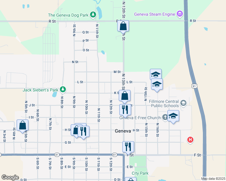 map of restaurants, bars, coffee shops, grocery stores, and more near 1212 K Street in Geneva