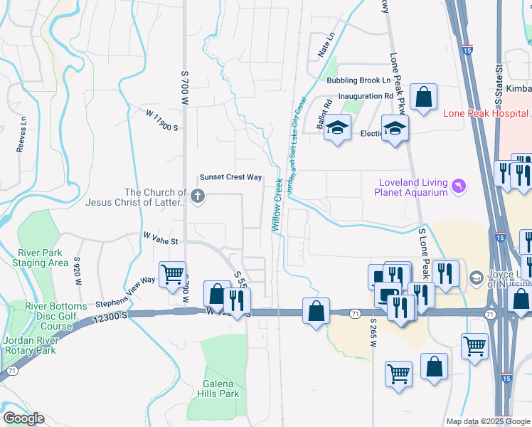map of restaurants, bars, coffee shops, grocery stores, and more near 12075 Draper Ridge Drive in Draper