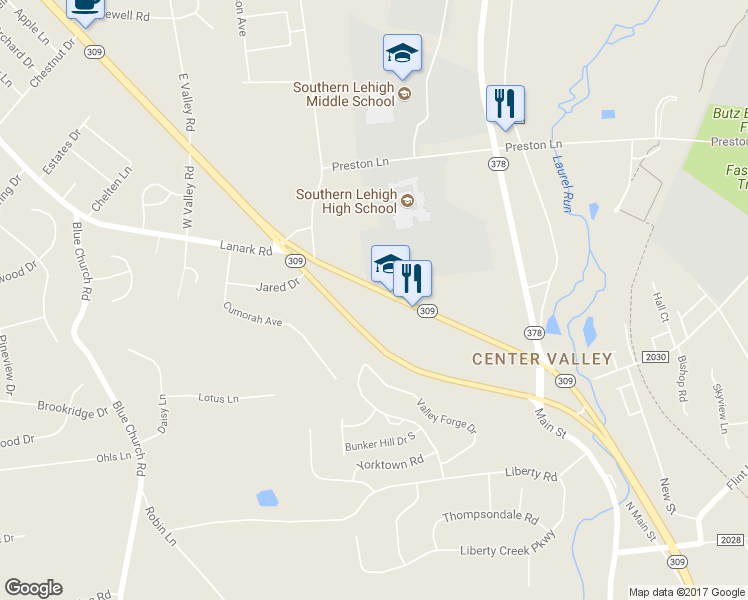 map of restaurants, bars, coffee shops, grocery stores, and more near 5778 Main St in Center Valley