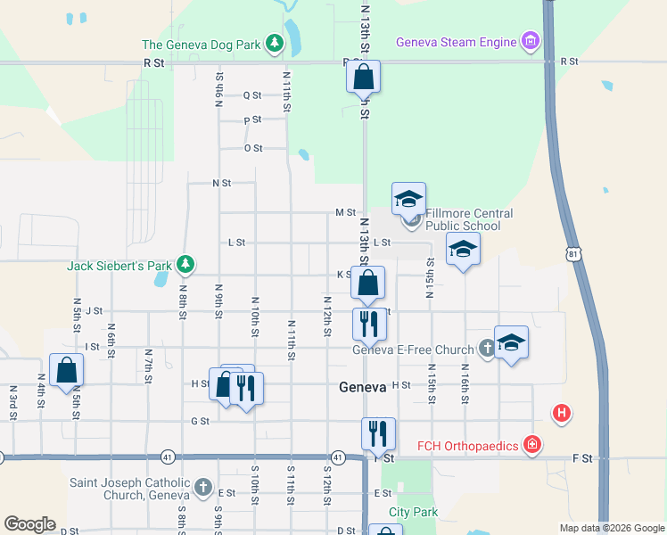 map of restaurants, bars, coffee shops, grocery stores, and more near 1212 K Street in Geneva