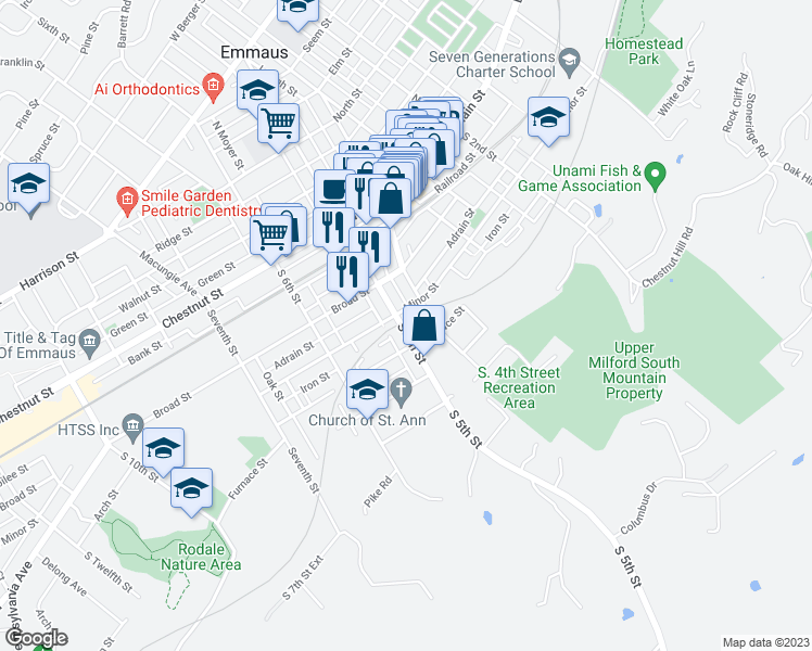 map of restaurants, bars, coffee shops, grocery stores, and more near 209 South 5th Street in Emmaus