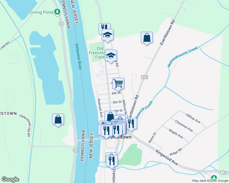 map of restaurants, bars, coffee shops, grocery stores, and more near 23 6th Street in Frenchtown