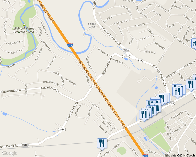 map of restaurants, bars, coffee shops, grocery stores, and more near 4200 Indian Creek Road in Emmaus