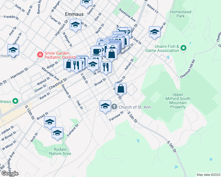 map of restaurants, bars, coffee shops, grocery stores, and more near 514 Minor Street in Emmaus