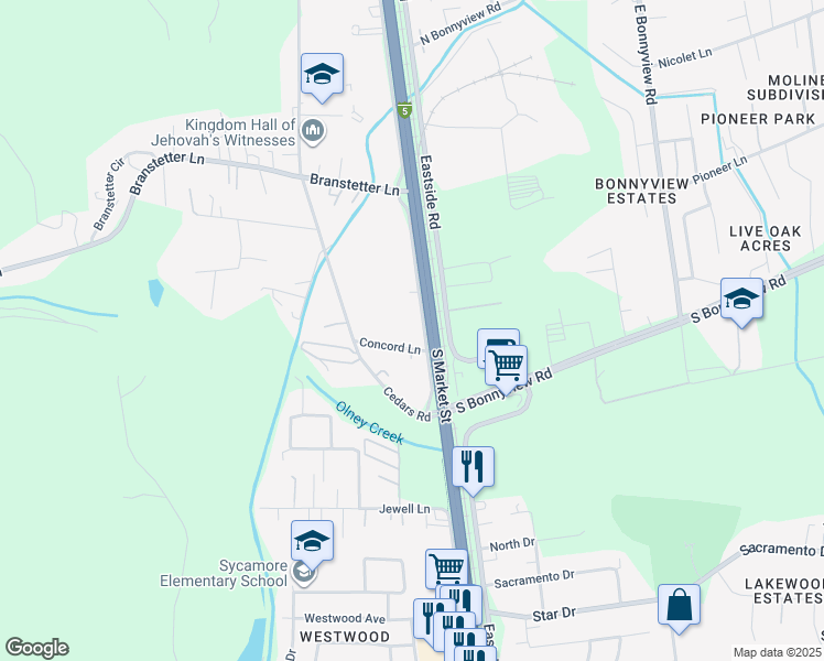 map of restaurants, bars, coffee shops, grocery stores, and more near 5756 Westside Road in Redding