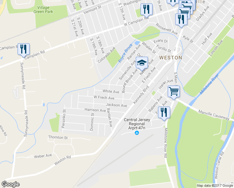 map of restaurants, bars, coffee shops, grocery stores, and more near 315 White Avenue in Manville