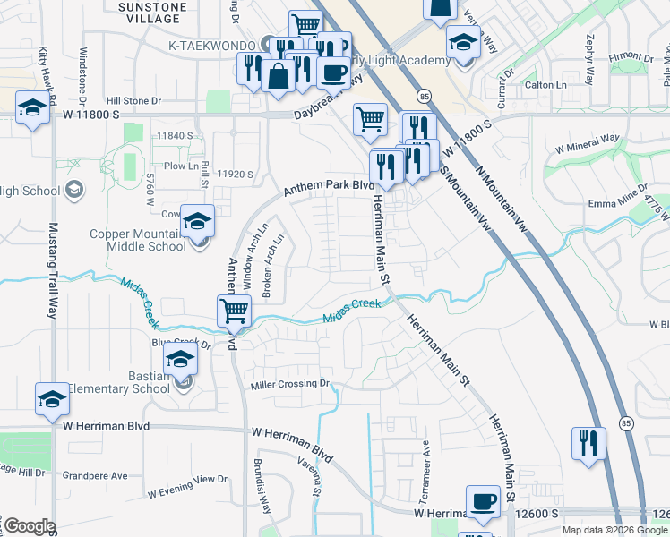 map of restaurants, bars, coffee shops, grocery stores, and more near 5377 Mount Gibbs Place in Herriman