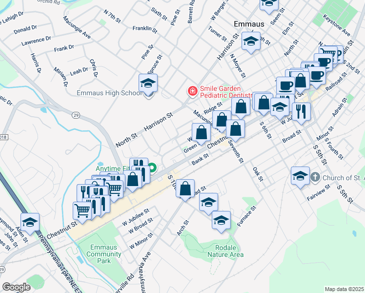 map of restaurants, bars, coffee shops, grocery stores, and more near 25 North 9th Street in Emmaus