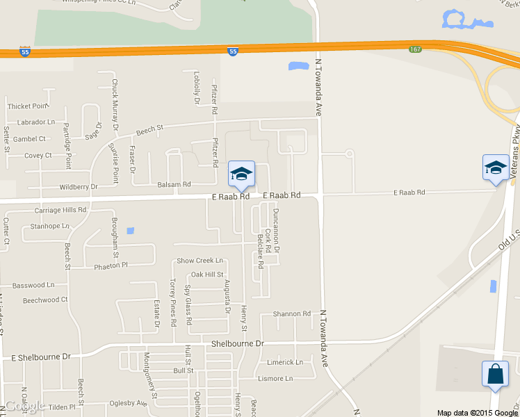 map of restaurants, bars, coffee shops, grocery stores, and more near 1656 Belclare Road in Normal