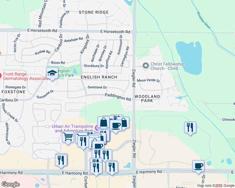 map of restaurants, bars, coffee shops, grocery stores, and more near 2932 Paddington Road in Fort Collins