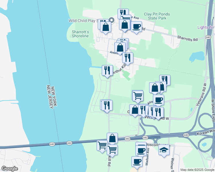 map of restaurants, bars, coffee shops, grocery stores, and more near 83 Topside Lane in Staten Island