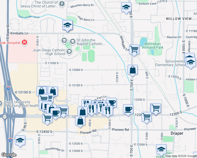 map of restaurants, bars, coffee shops, grocery stores, and more near 12038 South 540 East in Draper