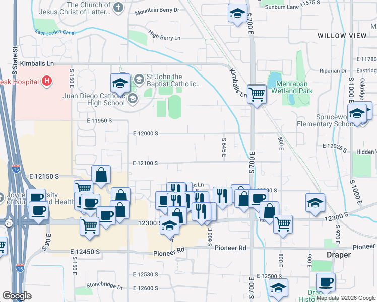 map of restaurants, bars, coffee shops, grocery stores, and more near 12062 S 540 E in Draper