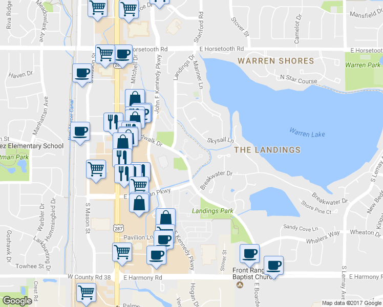 map of restaurants, bars, coffee shops, grocery stores, and more near 362 High Pointe Drive in Fort Collins