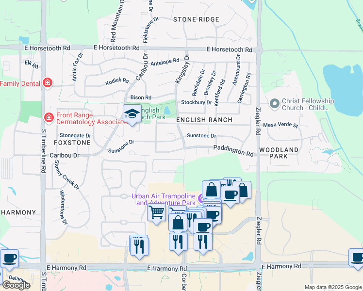 map of restaurants, bars, coffee shops, grocery stores, and more near 2662 Paddington Rd in Fort Collins