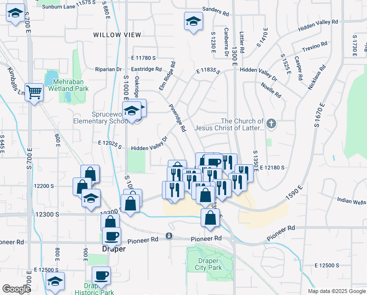 map of restaurants, bars, coffee shops, grocery stores, and more near 12111 Cinnamon Ridge Road in Sandy