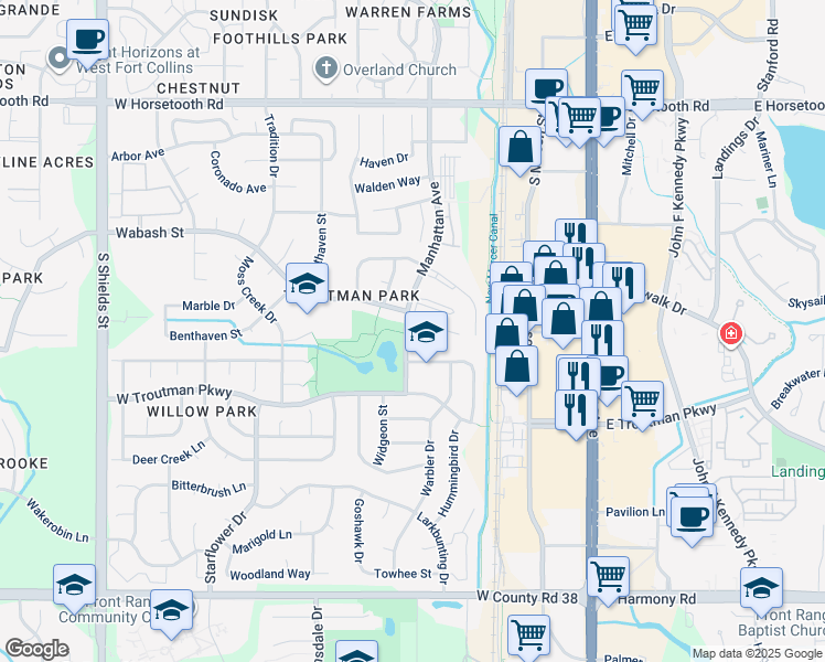 map of restaurants, bars, coffee shops, grocery stores, and more near 424 Mapleton Court in Fort Collins