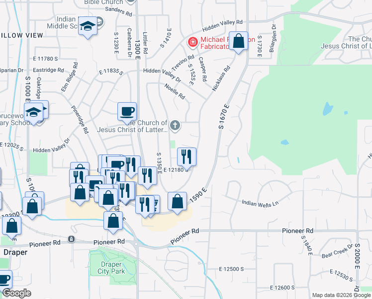map of restaurants, bars, coffee shops, grocery stores, and more near 1472 East 12105 South in Sandy