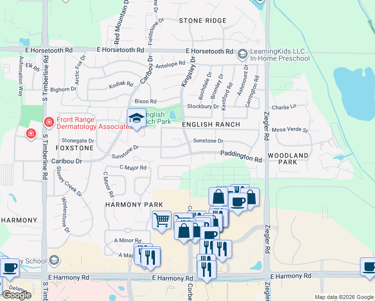 map of restaurants, bars, coffee shops, grocery stores, and more near 2662 Paddington Road in Fort Collins