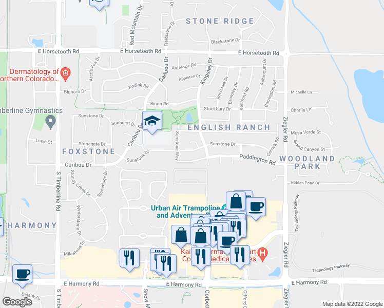 map of restaurants, bars, coffee shops, grocery stores, and more near 2621 Sunstone Drive in Fort Collins
