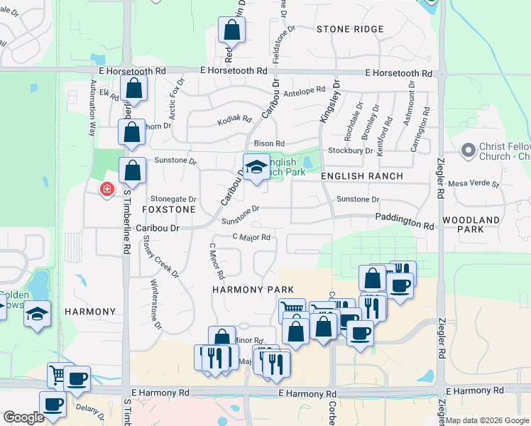 map of restaurants, bars, coffee shops, grocery stores, and more near 2501 Sunstone Drive in Fort Collins