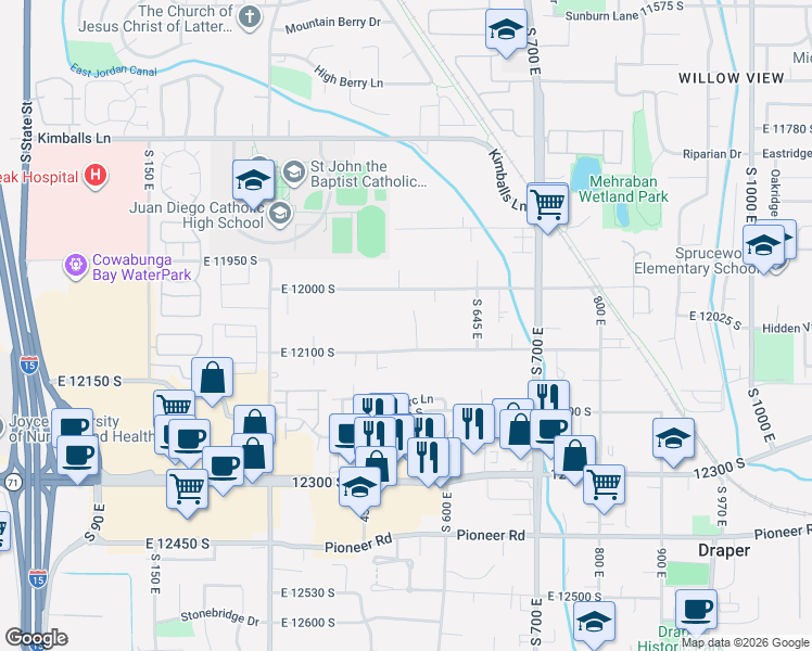 map of restaurants, bars, coffee shops, grocery stores, and more near 12038 South 540 East in Draper