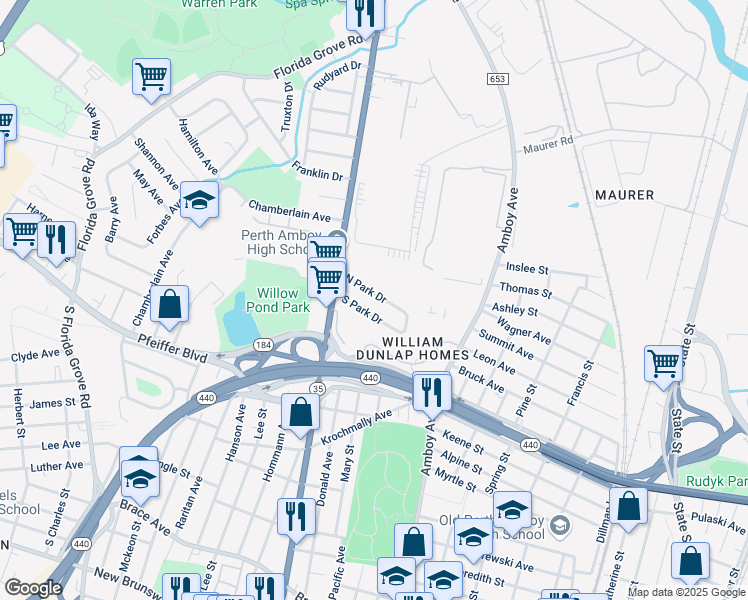 map of restaurants, bars, coffee shops, grocery stores, and more near 516 North Park Drive in Perth Amboy