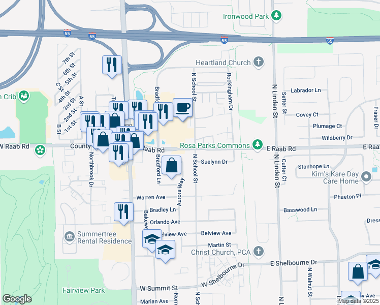 map of restaurants, bars, coffee shops, grocery stores, and more near 301 1/2 West Raab Road in Normal
