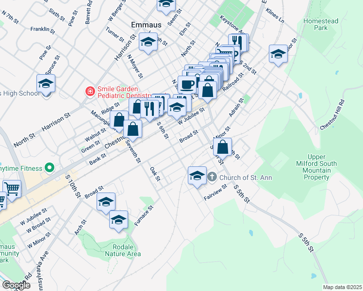 map of restaurants, bars, coffee shops, grocery stores, and more near 554 Broad Street in Emmaus
