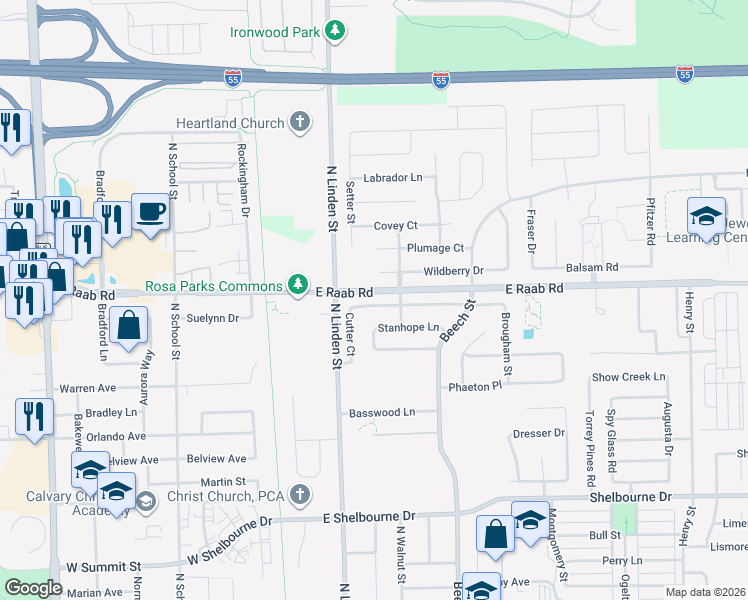 map of restaurants, bars, coffee shops, grocery stores, and more near 300 Carriage Hills Road in Normal