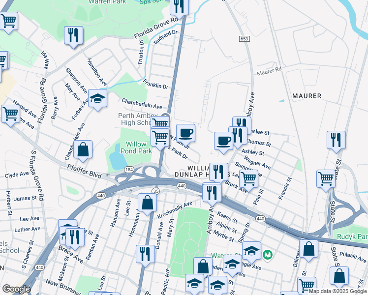 map of restaurants, bars, coffee shops, grocery stores, and more near 516 North Park Drive in Perth Amboy