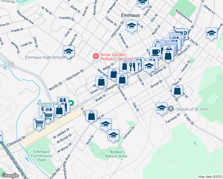 map of restaurants, bars, coffee shops, grocery stores, and more near 728 Chestnut St in Emmaus