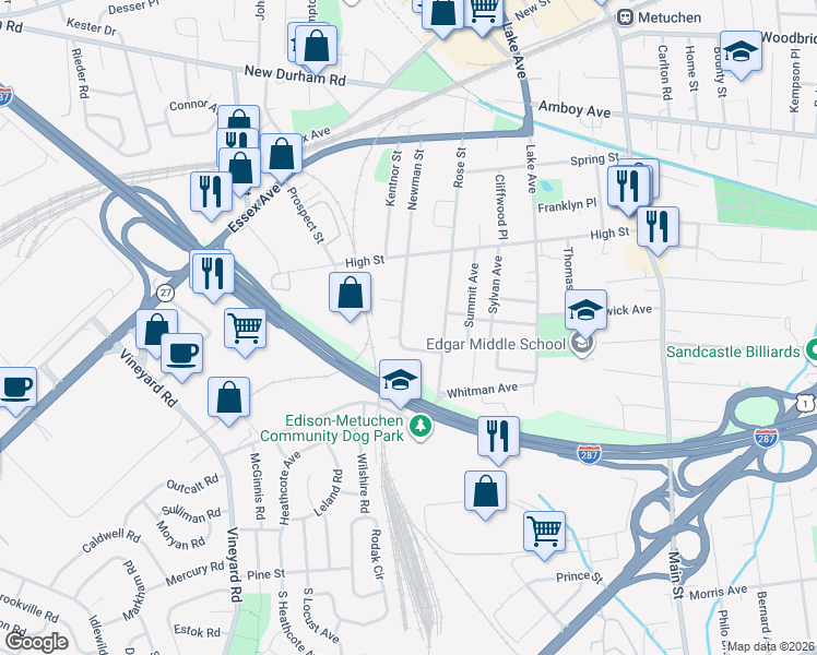 map of restaurants, bars, coffee shops, grocery stores, and more near 230 Newman Street in Metuchen