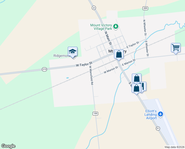 map of restaurants, bars, coffee shops, grocery stores, and more near 217 West Mansfield Road in Mount Victory