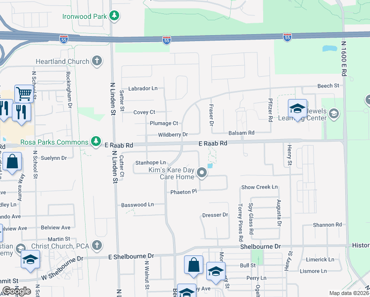 map of restaurants, bars, coffee shops, grocery stores, and more near 600 Carriage Hills Road in Normal