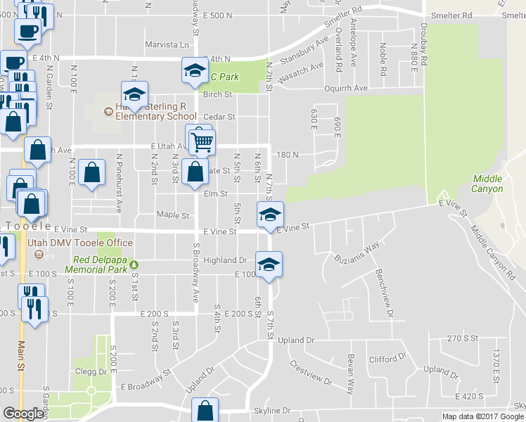 map of restaurants, bars, coffee shops, grocery stores, and more near 52 6th Street in Tooele