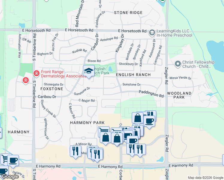 map of restaurants, bars, coffee shops, grocery stores, and more near 2621 Sunstone Drive in Fort Collins