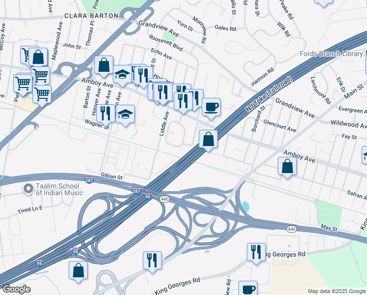 map of restaurants, bars, coffee shops, grocery stores, and more near 46 MacArthur Drive in Edison