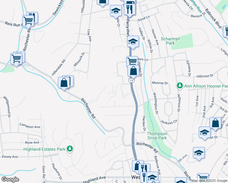 map of restaurants, bars, coffee shops, grocery stores, and more near 7 Hiland Valley Drive in Pittsburgh