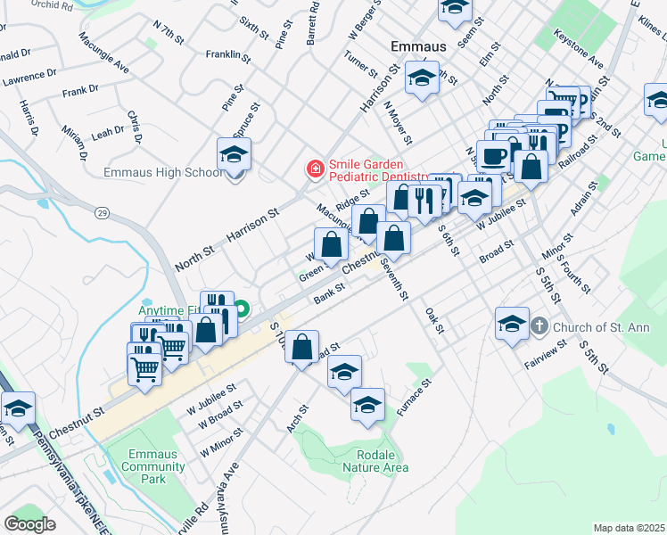 map of restaurants, bars, coffee shops, grocery stores, and more near 801 Chestnut Street in Emmaus