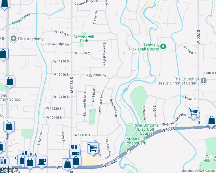 map of restaurants, bars, coffee shops, grocery stores, and more near 12091 Lampton View Drive in Riverton