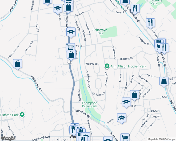 map of restaurants, bars, coffee shops, grocery stores, and more near 810 Washington Drive in Pittsburgh