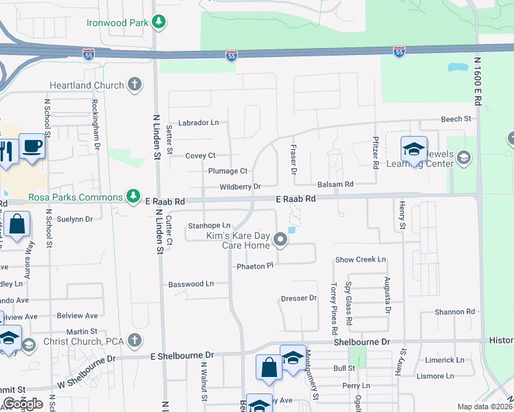 map of restaurants, bars, coffee shops, grocery stores, and more near 600 Carriage Hills Road in Normal