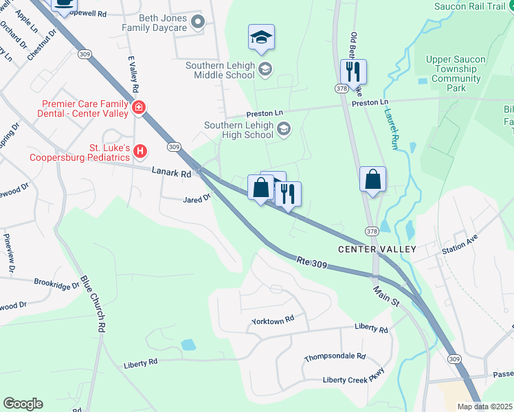 map of restaurants, bars, coffee shops, grocery stores, and more near 5750 Main Street in Center Valley