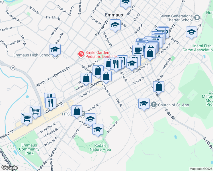 map of restaurants, bars, coffee shops, grocery stores, and more near 27 Seventh Street in Emmaus