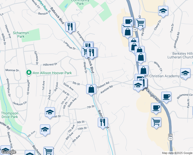 map of restaurants, bars, coffee shops, grocery stores, and more near 3294 Babcock Boulevard in Pittsburgh