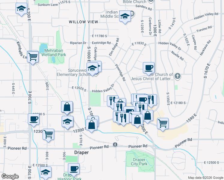 map of restaurants, bars, coffee shops, grocery stores, and more near 12098 Mill Ridge Rd in Sandy
