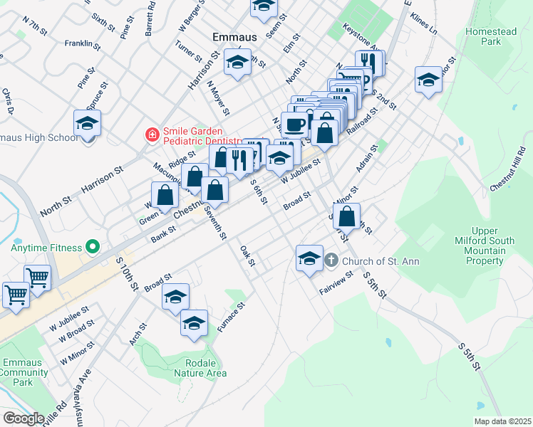 map of restaurants, bars, coffee shops, grocery stores, and more near 50 S 6th St in Emmaus