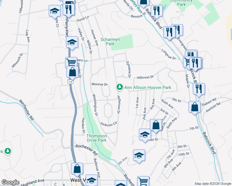 map of restaurants, bars, coffee shops, grocery stores, and more near 807 Jefferson Drive in Pittsburgh
