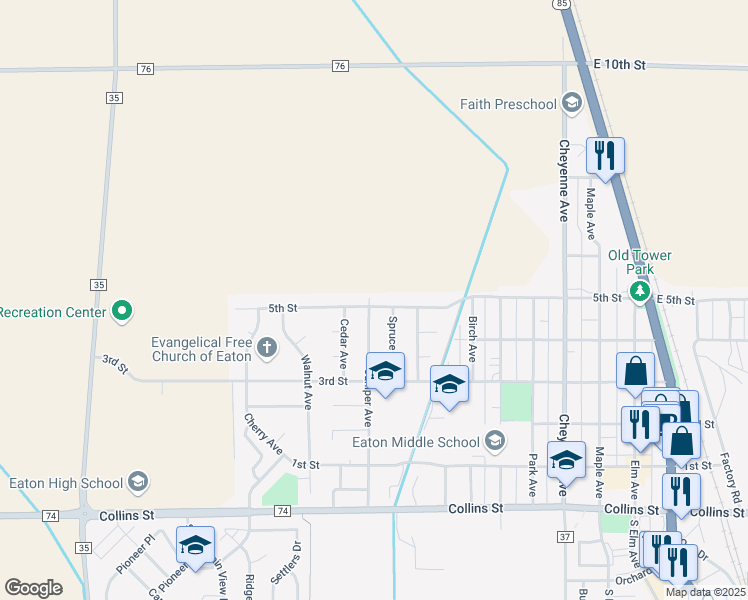 map of restaurants, bars, coffee shops, grocery stores, and more near 1035 5th Street in Eaton
